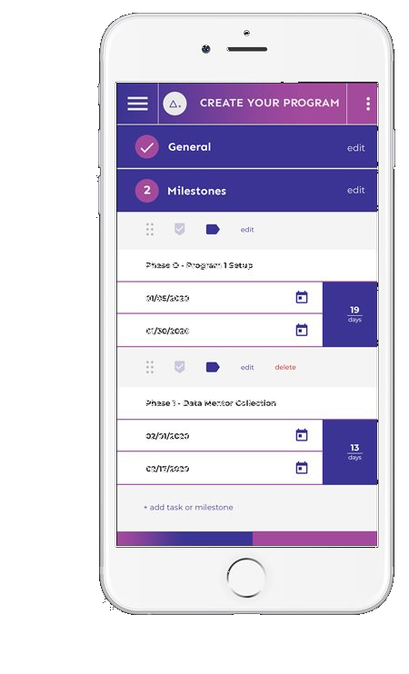 Stellar.Connect mobile app showing programme creation with milestones and phases. Screen shows General settings and Milestones steps with date pickers.