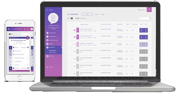 Stellar.Connect dashboard showing all mentoring programmes in a list view on laptop, with a matching mobile app view alongside